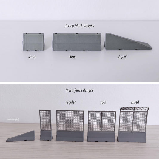 Miniature Jersey Barriers 1:120 TT Scale with Mesh Fencing, Diorama Race Track Accessories, 3D print