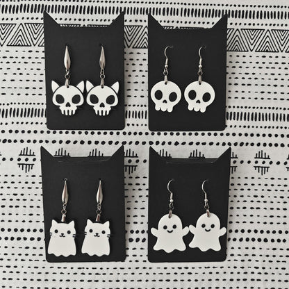 Gothic & Spooky Earrings, Cat Skull Jewelry, Ghost Cat Earrings, 3D printed Halloween Accessories