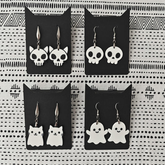 Gothic & Spooky Earrings, Cat Skull Jewelry, Ghost Cat Earrings, 3D printed Halloween Accessories
