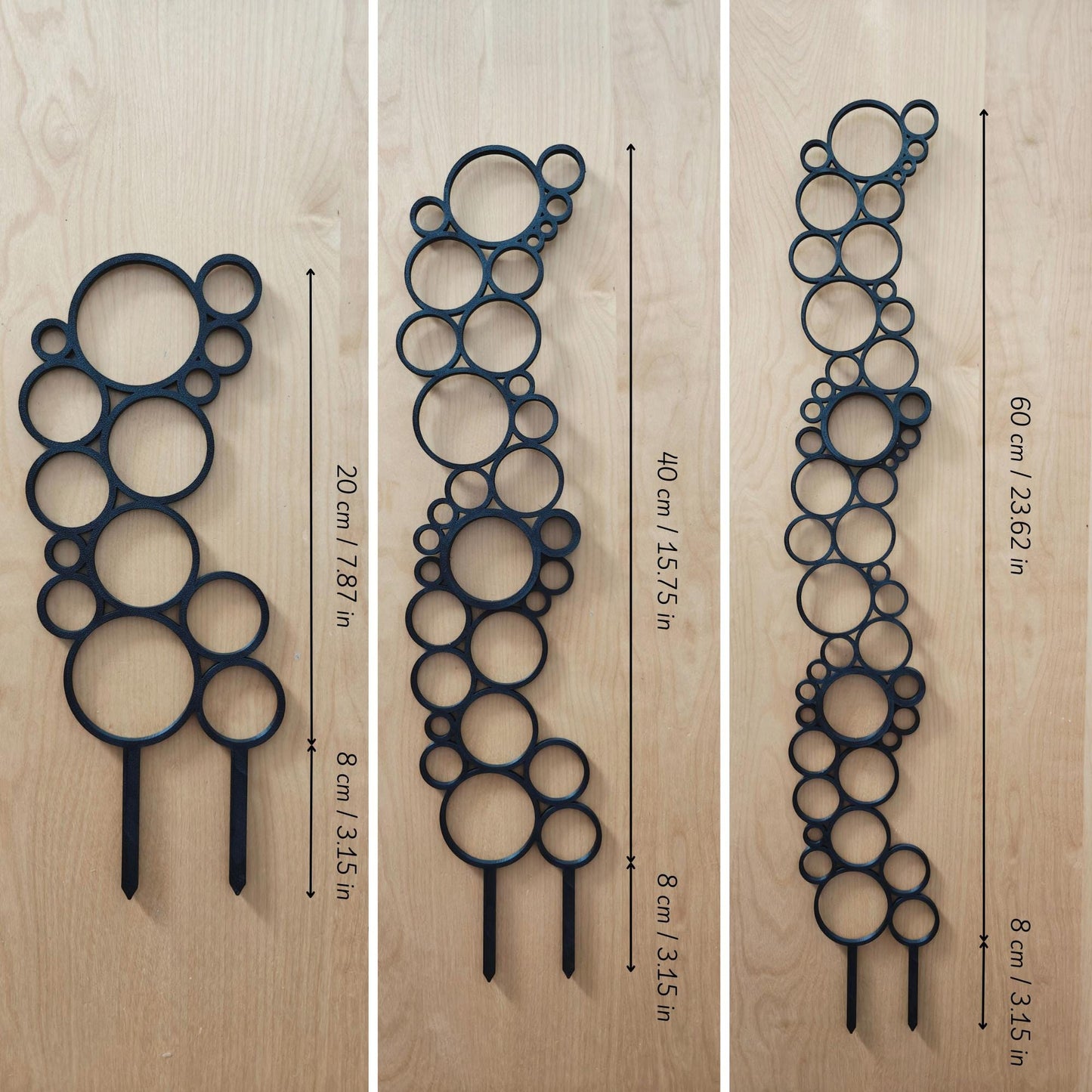 Three bubble-grid trellises in different heights displayed side by side, labeled with dimensions for easy size comparison