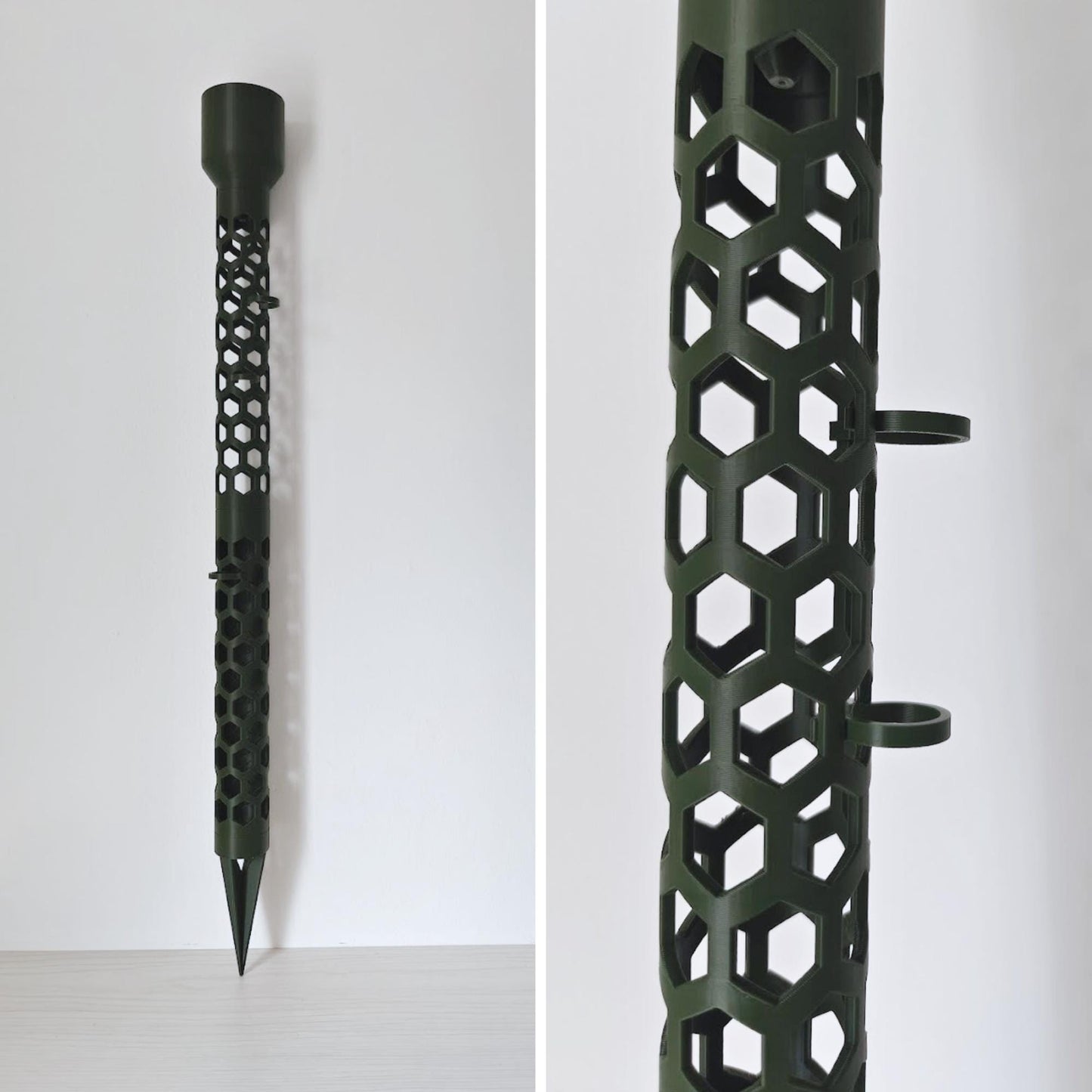 Close-up side view of dark green moss pole with hexagonal pattern, watering cap and clips attached.