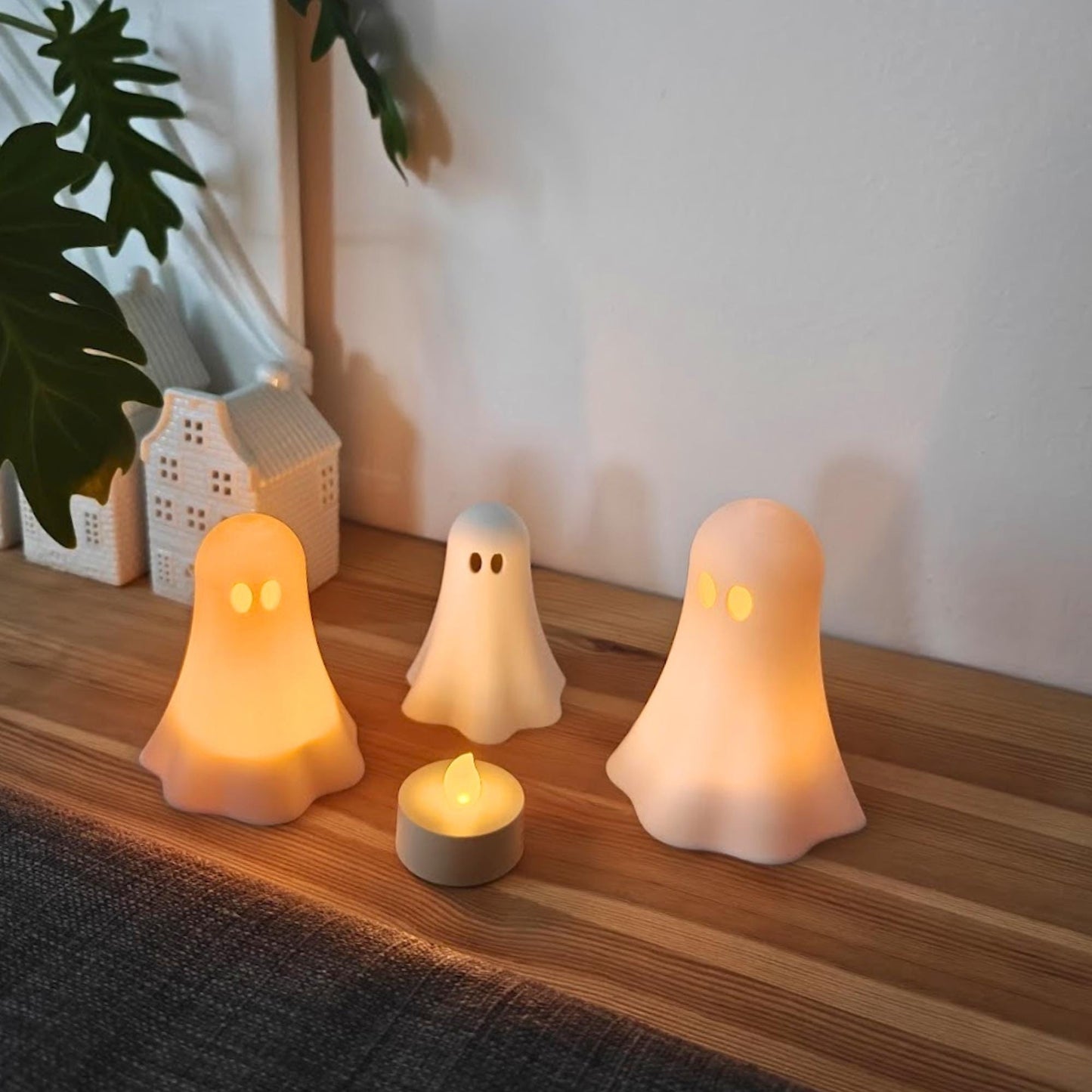 Ghost Tealight Covers, Set of 3, Stackable 3D Printed White Halloween Decor, For LED Lights Only