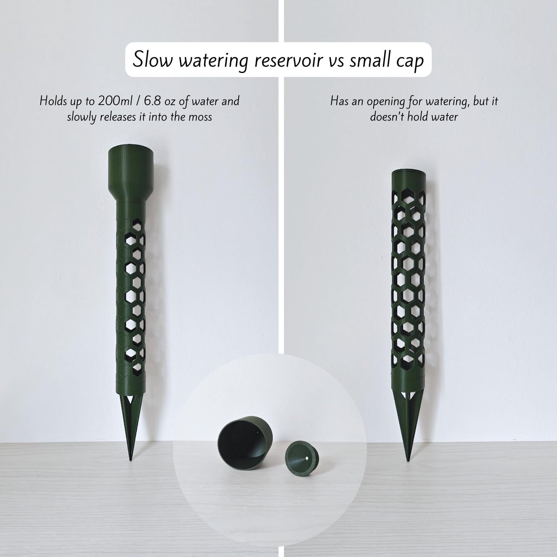 Comparison between slow-release watering reservoir and small cap, showing water-holding capacities.