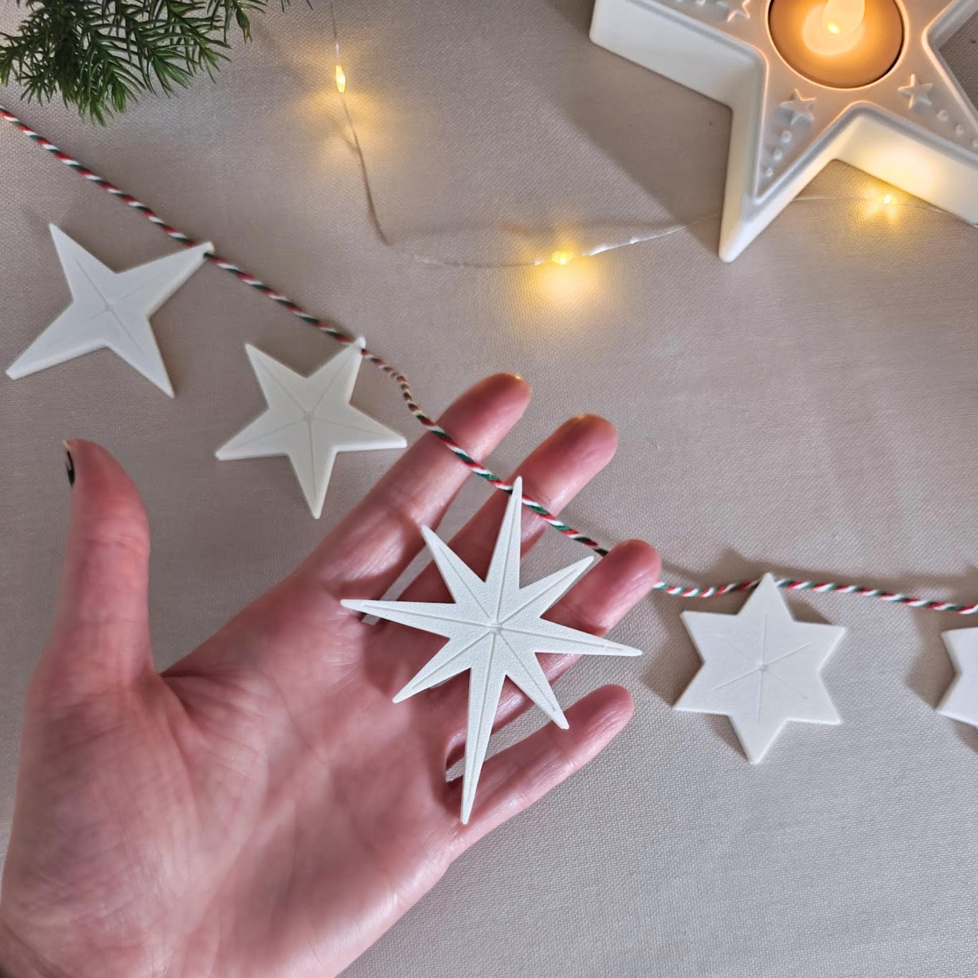 Hanging Stars, Set of 5, 3D Printed Holiday Garland Ornaments, Minimalist Christmas Tree Decor, Scandinavian Style
