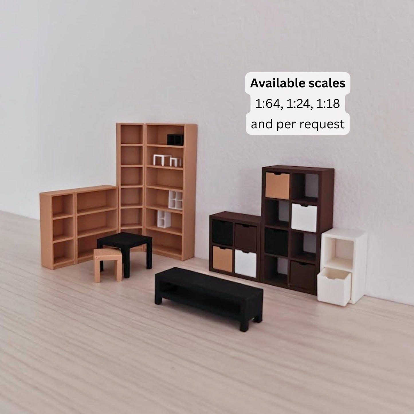 Miniature Scandinavian-style furniture set including shelves, cube storage, and tables in neutral colors, shown together on a light wooden surface.