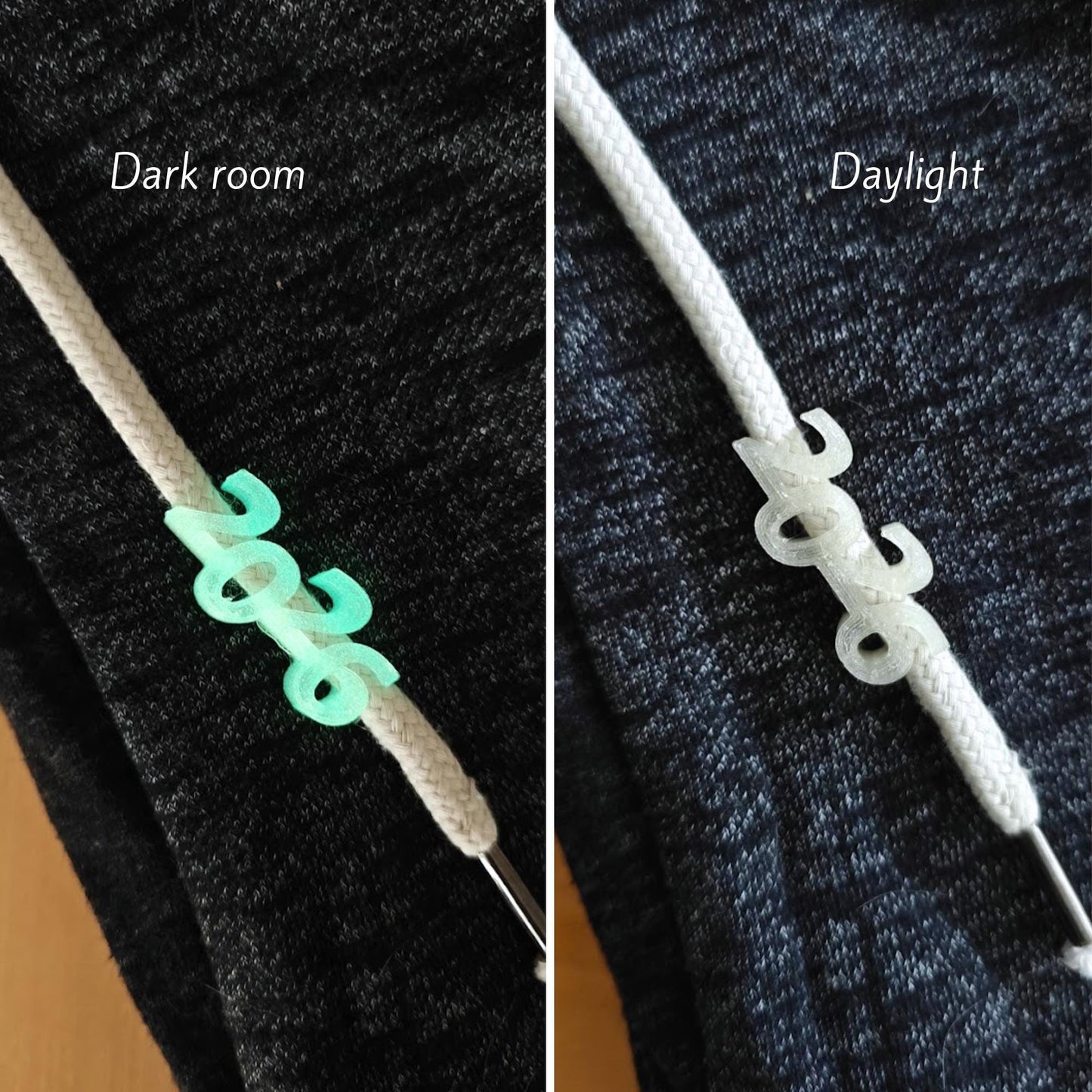 2026 Drawstring Charms 2 pcs, New Year Hoodie Cord Accessories, Glow-in-the-Dark or Solid Colors, 3D print