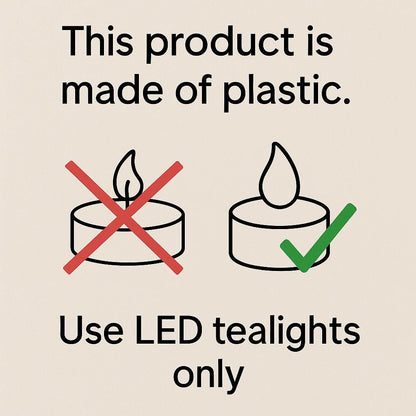 Instruction graphic with icons showing the product is made of plastic and safe only for LED tealights (no open flames).