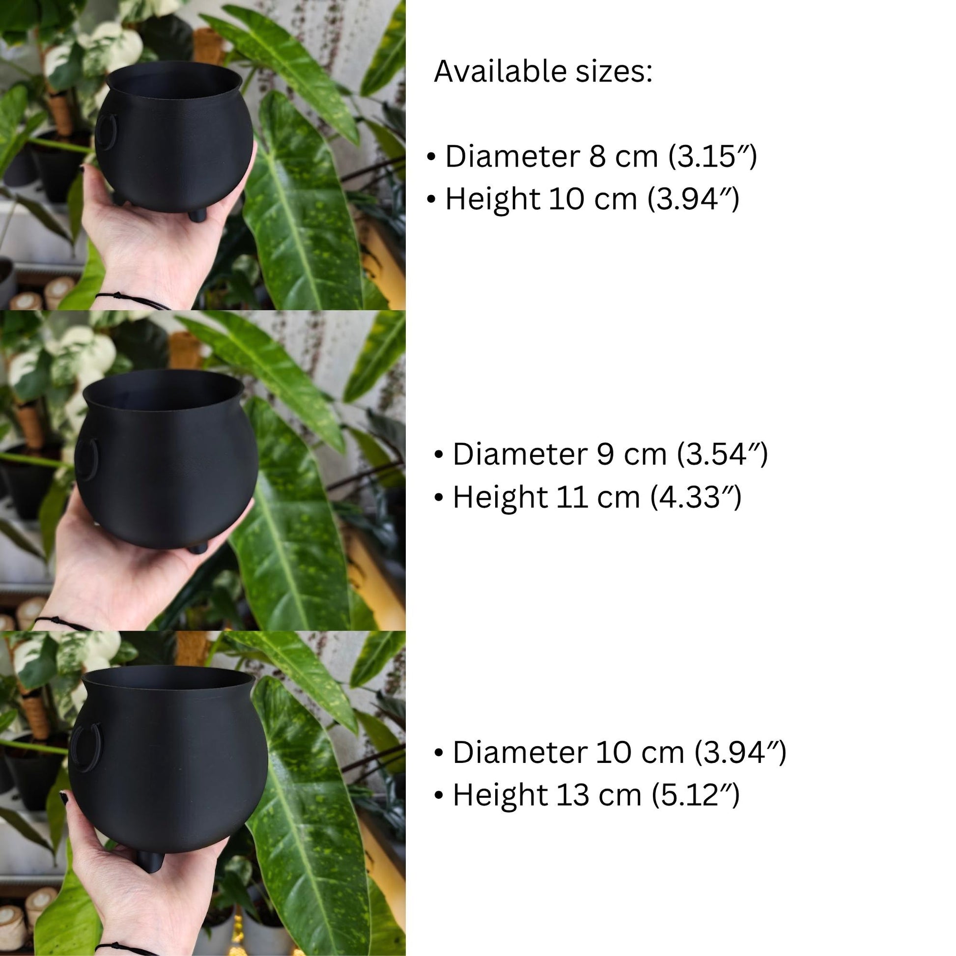 Image showing the three cauldron planter sizes — 8 cm, 9 cm, and 10 cm diameters — each held in hand with text listing height dimensions.