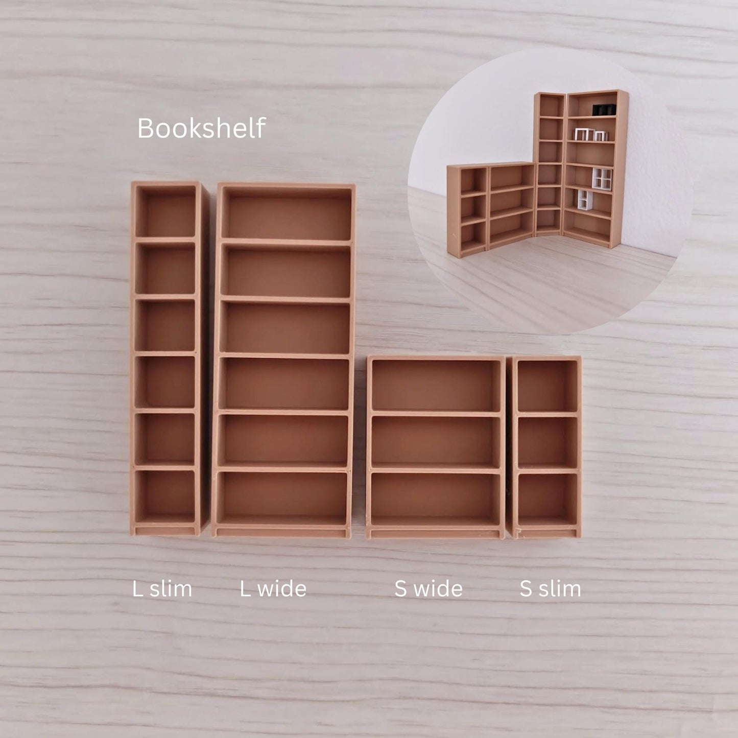 Miniature bookshelves in slim and wide variations, labeled with dimensions, on a light wood surface.