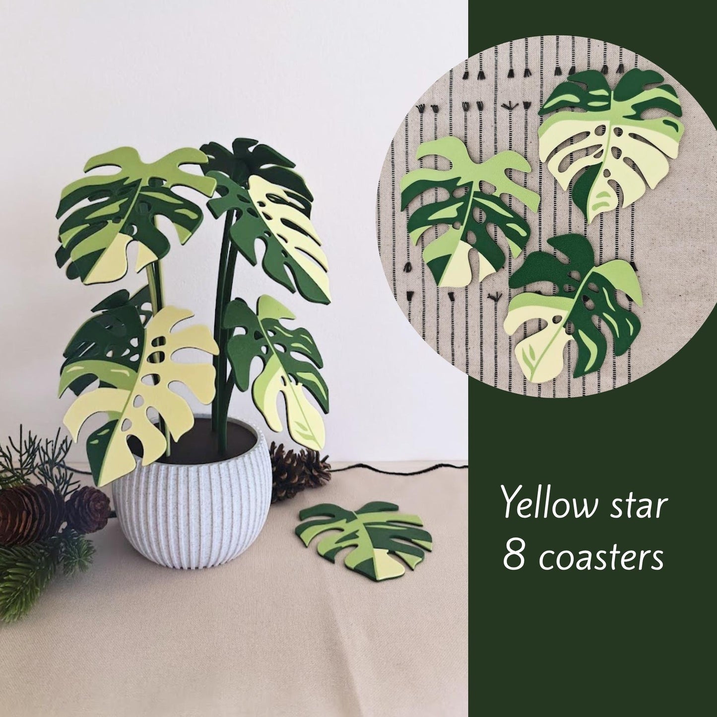 Yellow star Monstera leaf coaster set of 8.