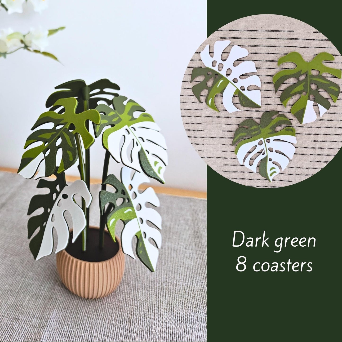 Dark green Monstera leaf coaster set of 8.