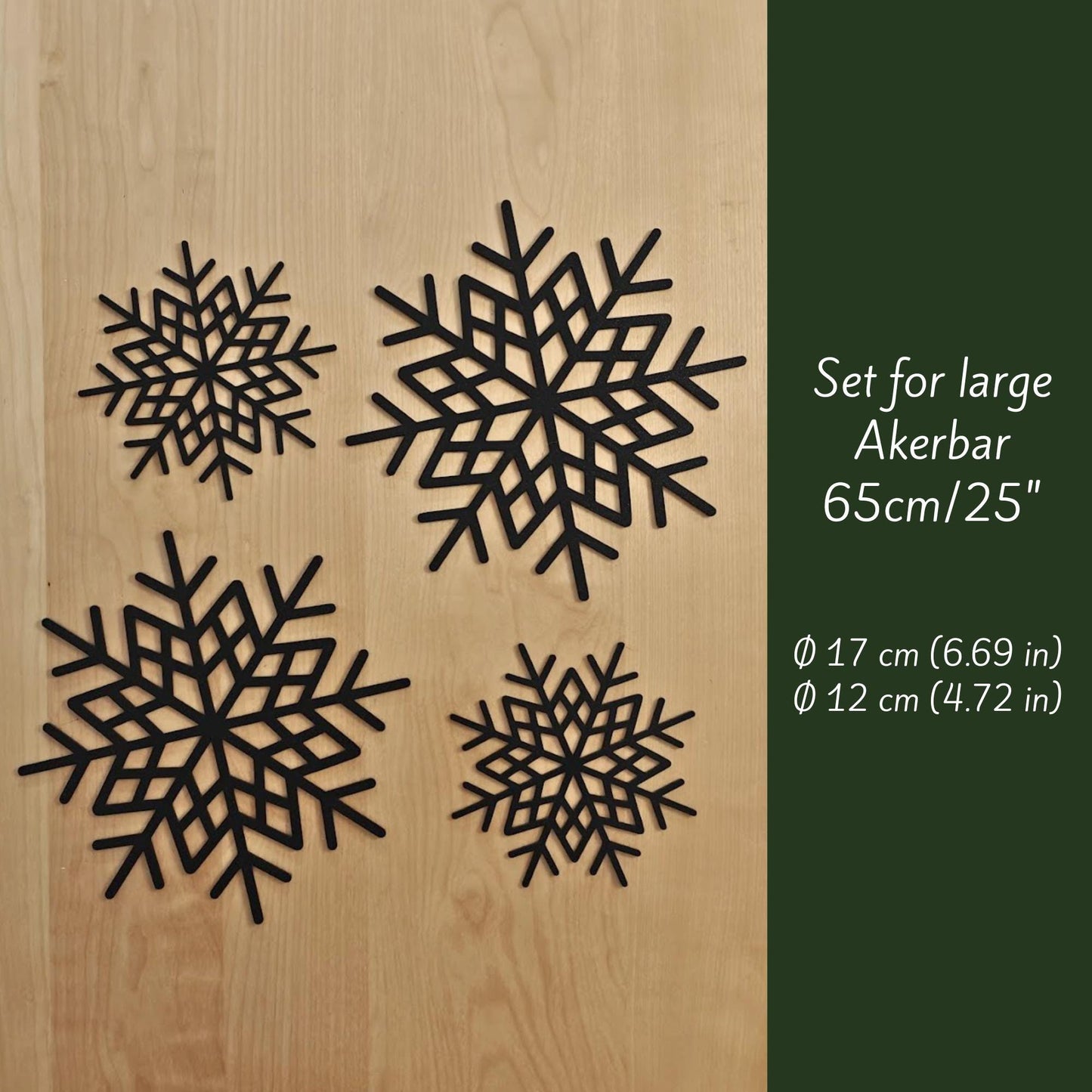 Set of 3D-printed snowflake decorations for large Äkerbar, shown on wooden background with sizes Ø17 cm and Ø12 cm.