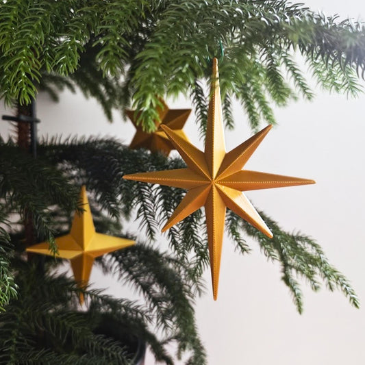 Star Ornaments Set of 5, Christmas Tree Decorations, 3D Printed Retro Holiday Decor, Mid Century Starburst, Gift Wrapping