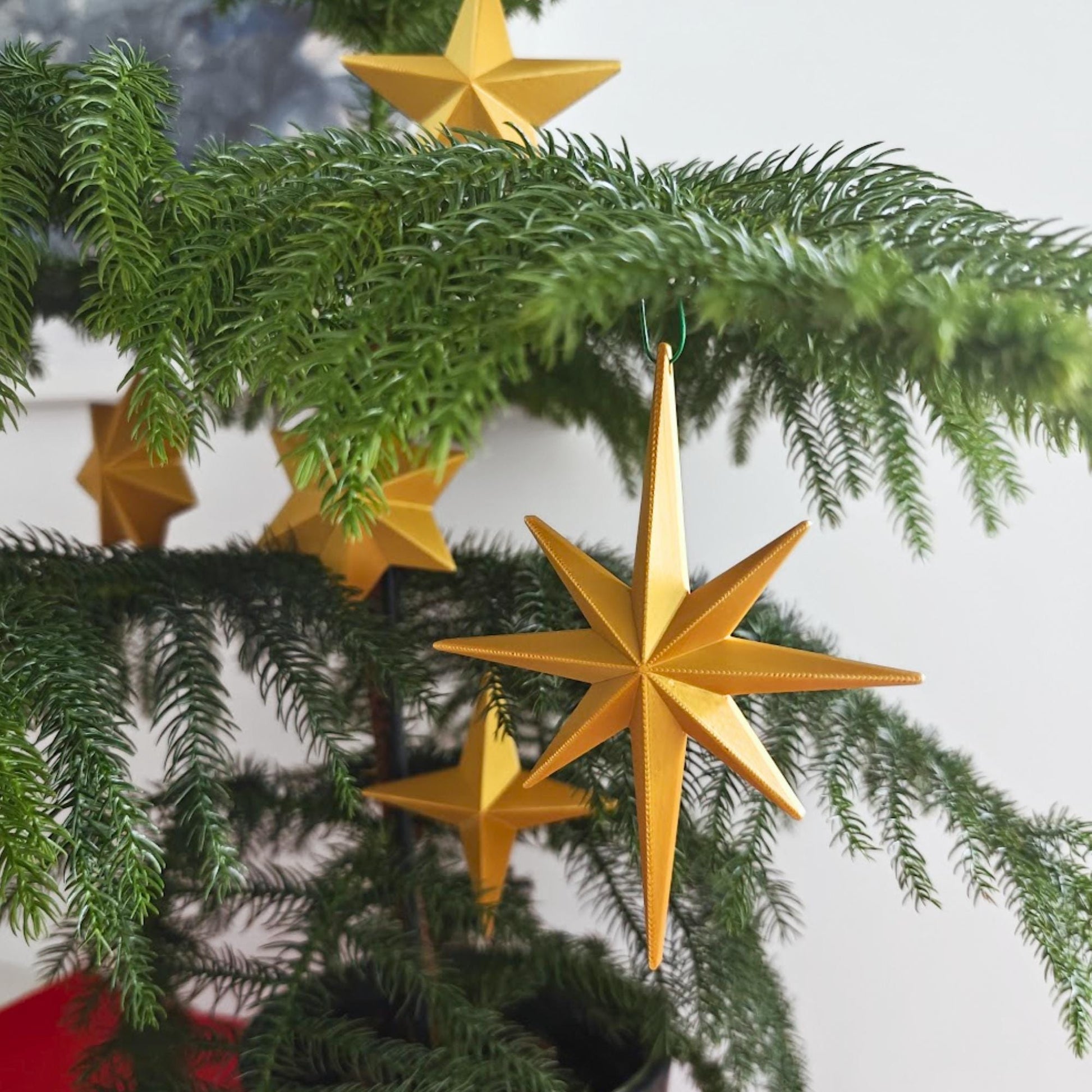 Star Ornaments Set of 5, Christmas Tree Decorations, 3D Printed Retro Holiday Decor, Mid Century Starburst, Gift Wrapping