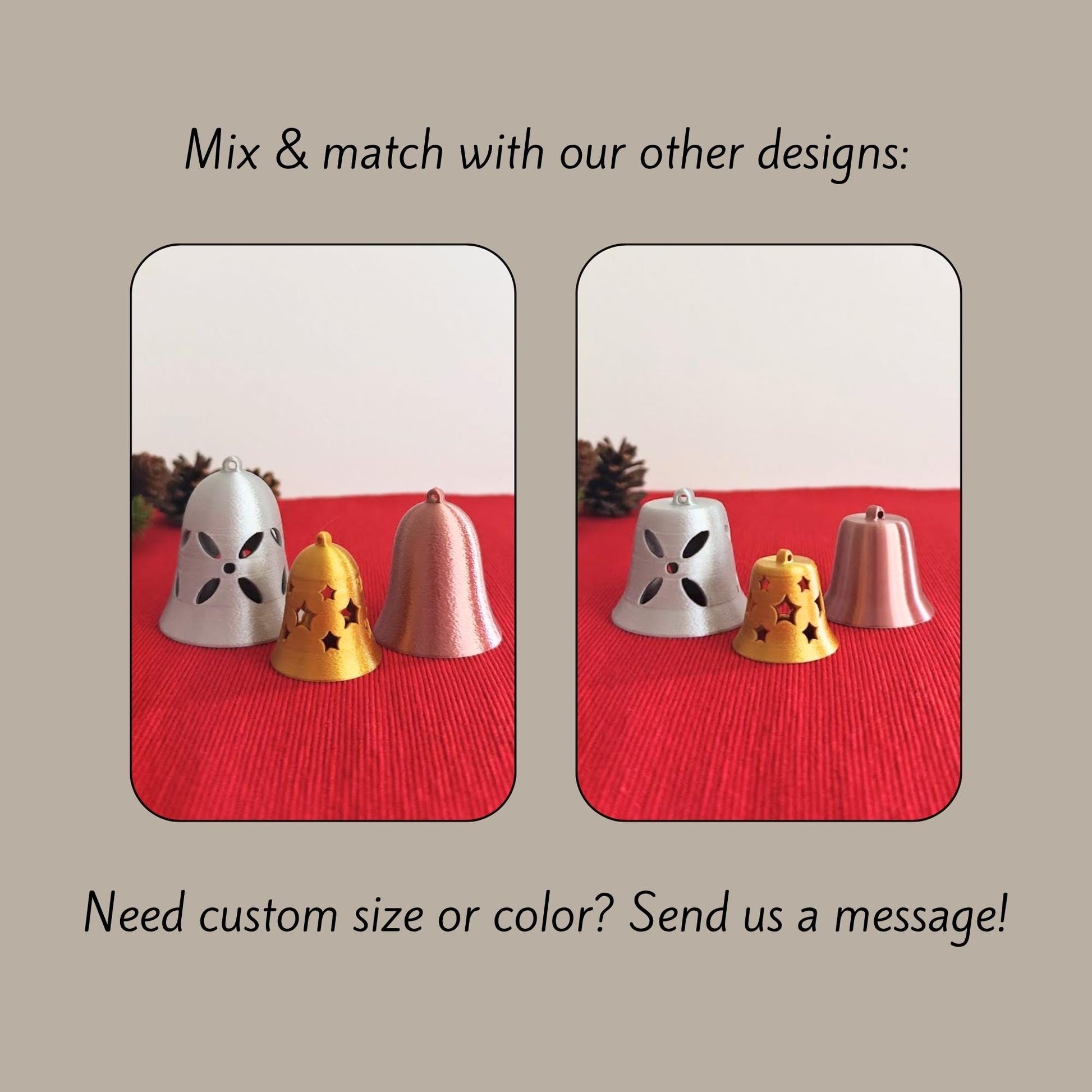 Christmas Tree Bell Ornaments, Set of 3 Holiday Decorations in Gold, Silver, and Copper, Mini Xmas Tree Hanging Bells