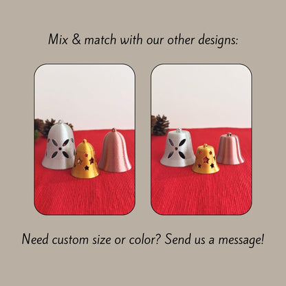 Christmas Tree Bell Ornaments, Set of 3 Holiday Decorations in Gold, Silver, and Copper, Mini Xmas Tree Hanging Bells