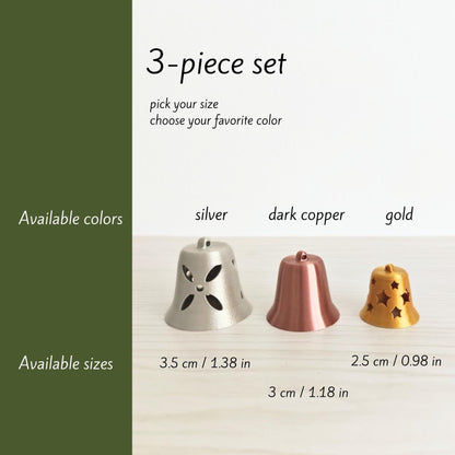 Christmas Tree Bell Ornaments, Set of 3 Holiday Decorations in Gold, Silver, and Copper, Mini Xmas Tree Hanging Bells