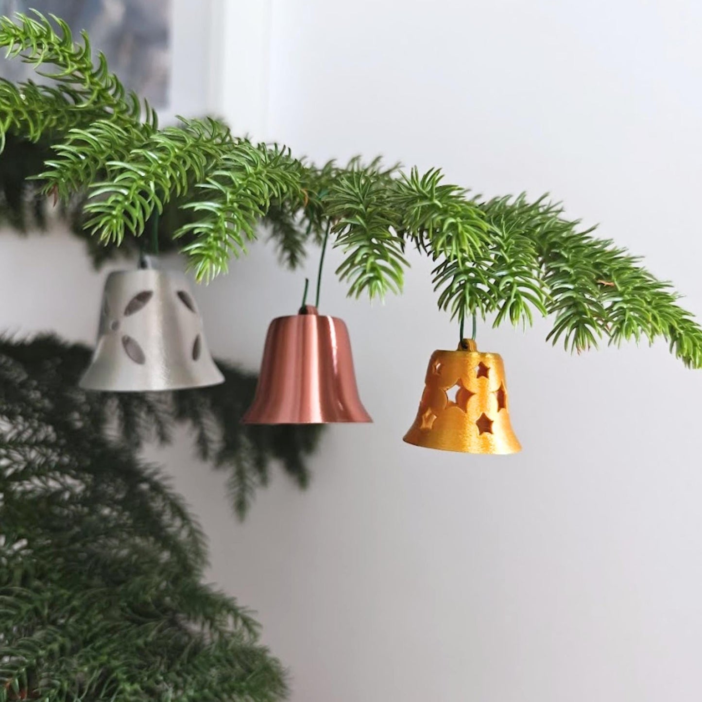 Christmas Tree Bell Ornaments, Set of 3 Holiday Decorations in Gold, Silver, and Copper, Mini Xmas Tree Hanging Bells