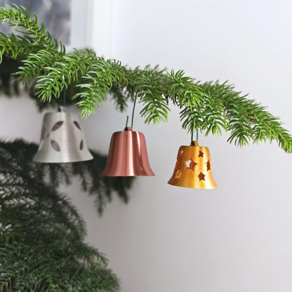Christmas Tree Bell Ornaments, Set of 3 Holiday Decorations in Gold, Silver, and Copper, Mini Xmas Tree Hanging Bells