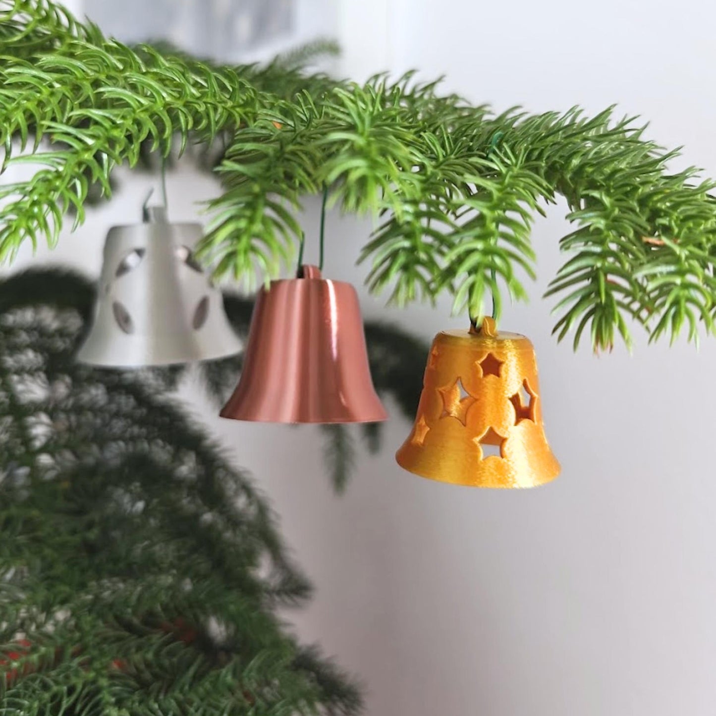 Christmas Tree Bell Ornaments, Set of 3 Holiday Decorations in Gold, Silver, and Copper, Mini Xmas Tree Hanging Bells