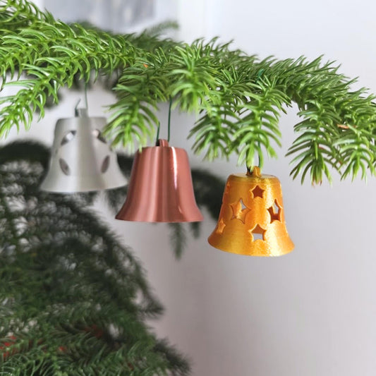 Christmas Tree Bell Ornaments, Set of 3 Holiday Decorations in Gold, Silver, and Copper, Mini Xmas Tree Hanging Bells