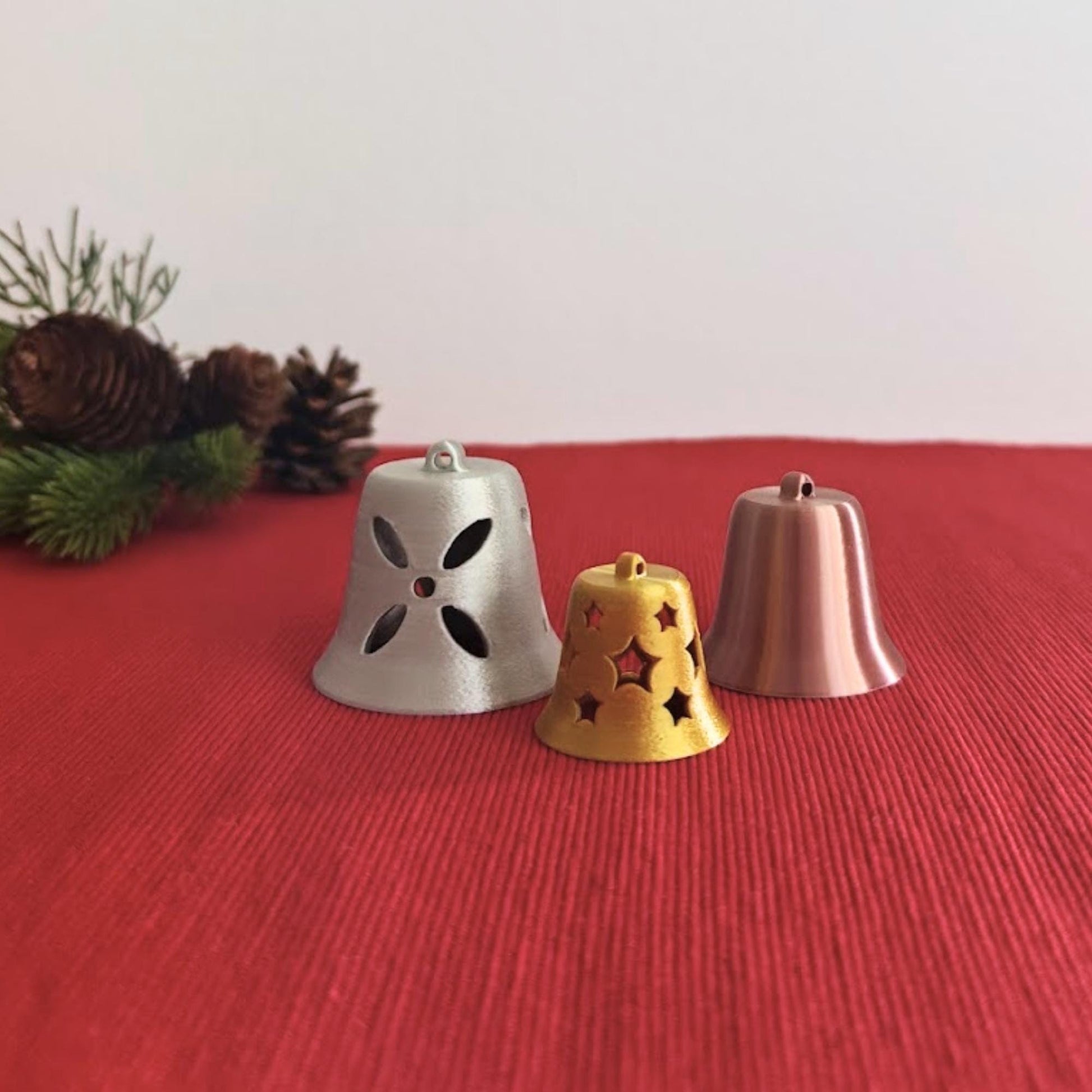 Christmas Tree Bell Ornaments, Set of 3 Holiday Decorations in Gold, Silver, and Copper, Mini Xmas Tree Hanging Bells