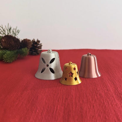 Christmas Tree Bell Ornaments, Set of 3 Holiday Decorations in Gold, Silver, and Copper, Mini Xmas Tree Hanging Bells