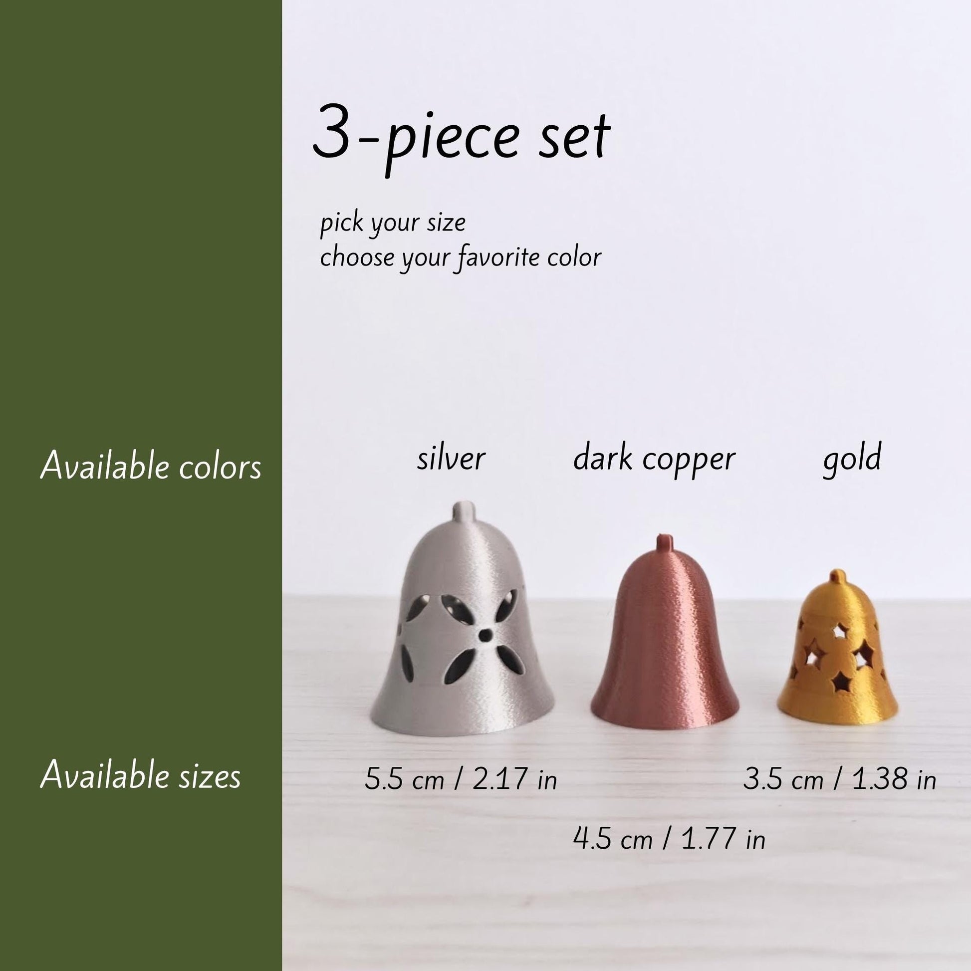 Christmas Tree Bell Ornaments, Set of 3 Holiday Decorations in Gold, Silver, and Copper, Mini Xmas Tree Hanging Bells