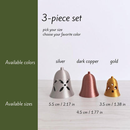 Christmas Tree Bell Ornaments, Set of 3 Holiday Decorations in Gold, Silver, and Copper, Mini Xmas Tree Hanging Bells