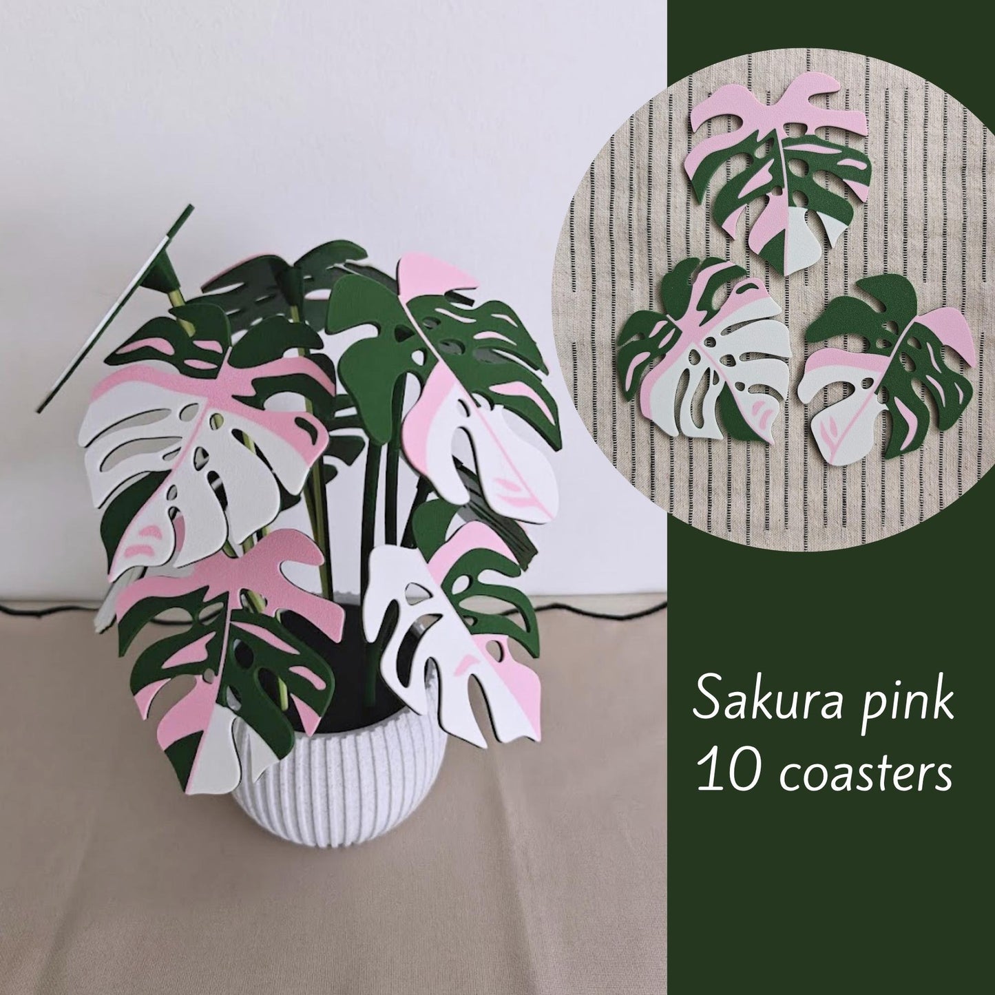 Sakura pink Monstera leaf coaster set of 10.