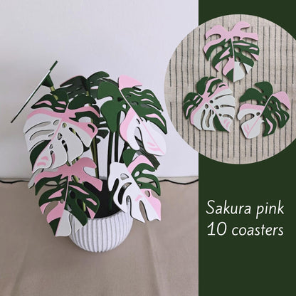 Sakura pink Monstera leaf coaster set of 10.