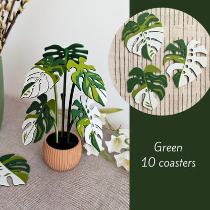 Green Monstera leaf coaster set of 10.