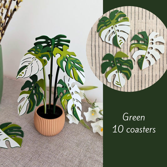 Green Monstera leaf coaster set of 10.