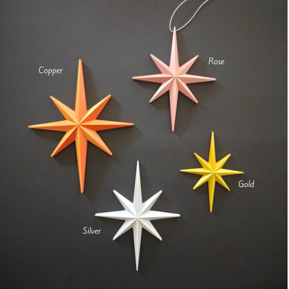 Star Ornaments Set of 5, Christmas Tree Decorations, 3D Printed Retro Holiday Decor, Mid Century Starburst, Gift Wrapping