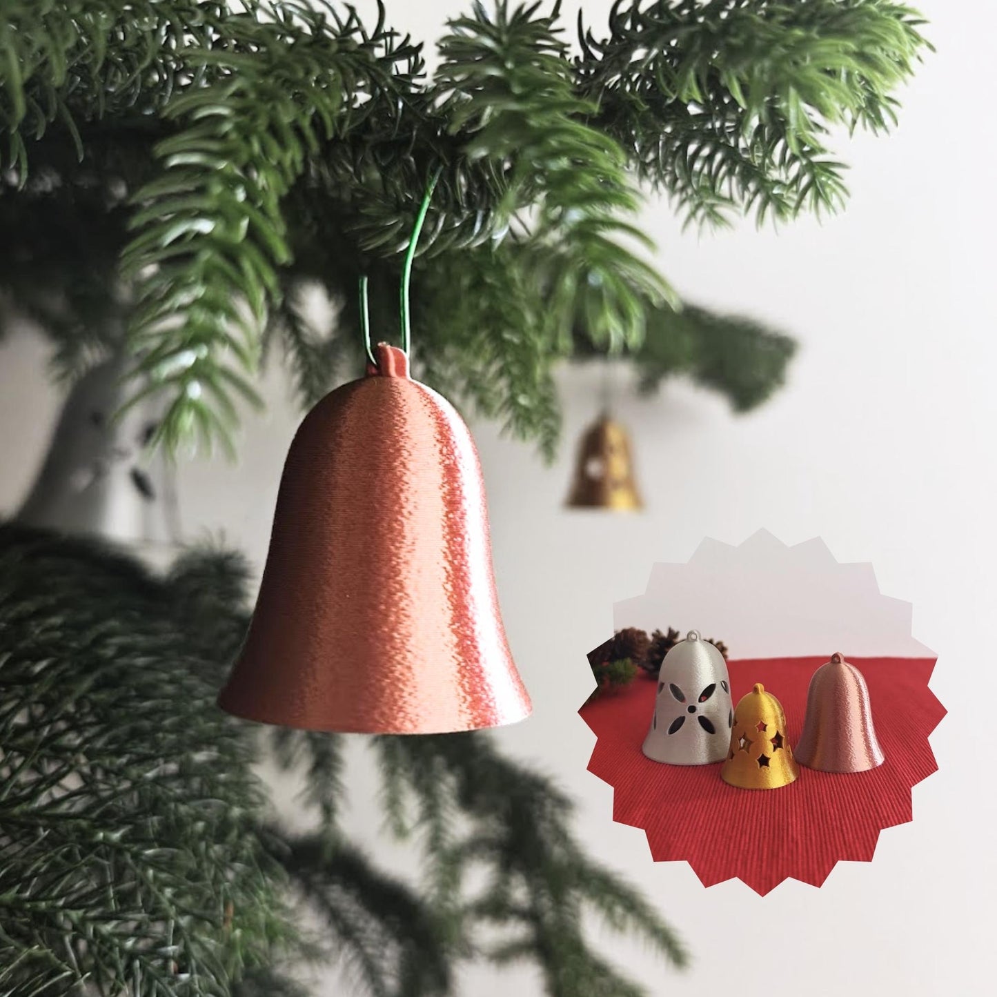 Christmas Tree Bell Ornaments, Set of 3 Holiday Decorations in Gold, Silver, and Copper, Mini Xmas Tree Hanging Bells