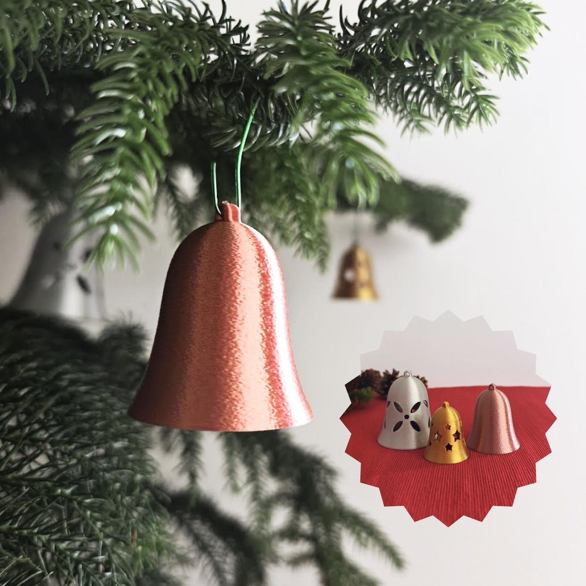 Christmas Tree Bell Ornaments, Set of 3 Holiday Decorations in Gold, Silver, and Copper, Mini Xmas Tree Hanging Bells