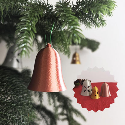 Christmas Tree Bell Ornaments, Set of 3 Holiday Decorations in Gold, Silver, and Copper, Mini Xmas Tree Hanging Bells