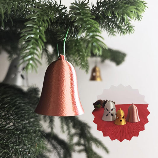 Christmas Tree Bell Ornaments, Set of 3 Holiday Decorations in Gold, Silver, and Copper, Mini Xmas Tree Hanging Bells