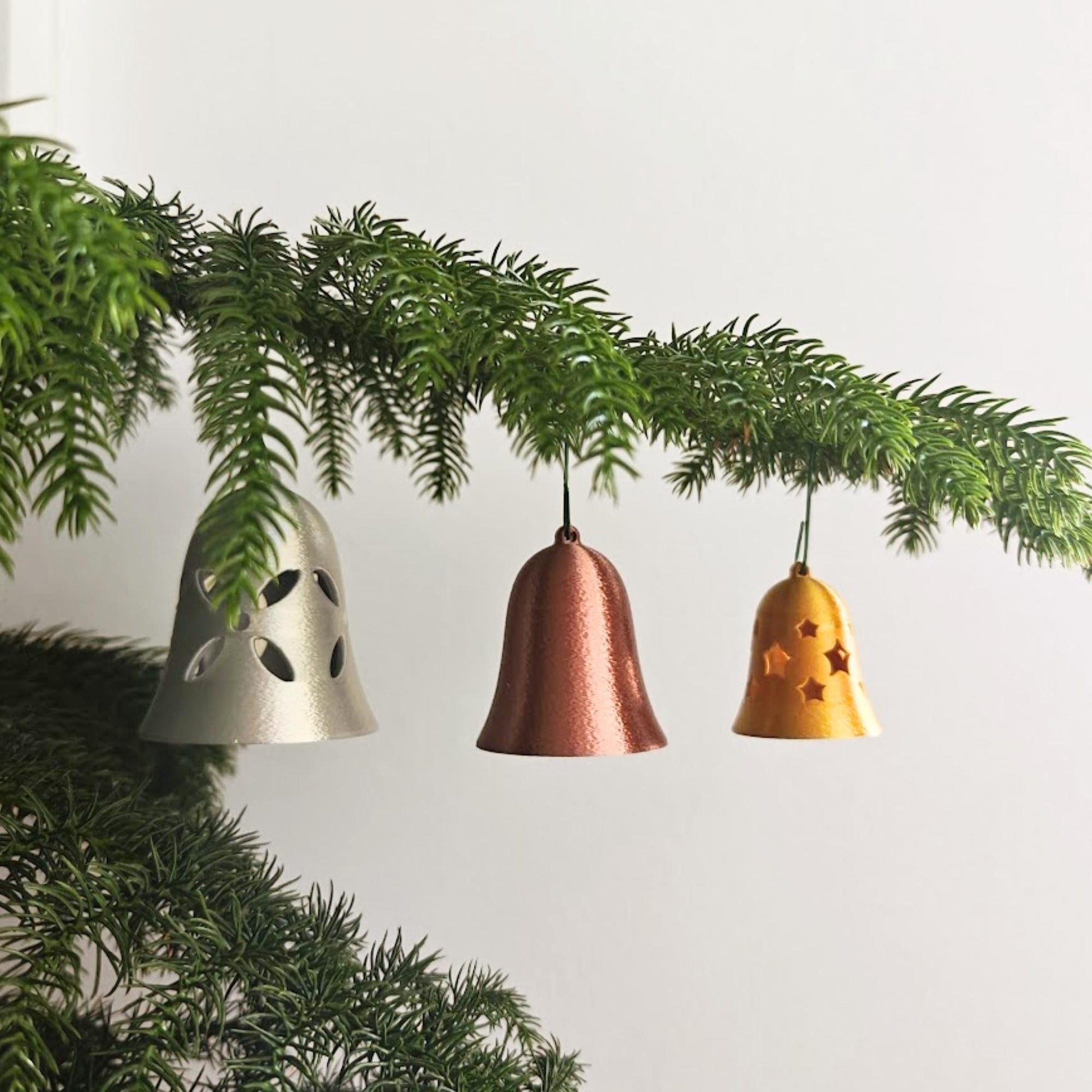 Christmas Tree Bell Ornaments, Set of 3 Holiday Decorations in Gold, Silver, and Copper, Mini Xmas Tree Hanging Bells