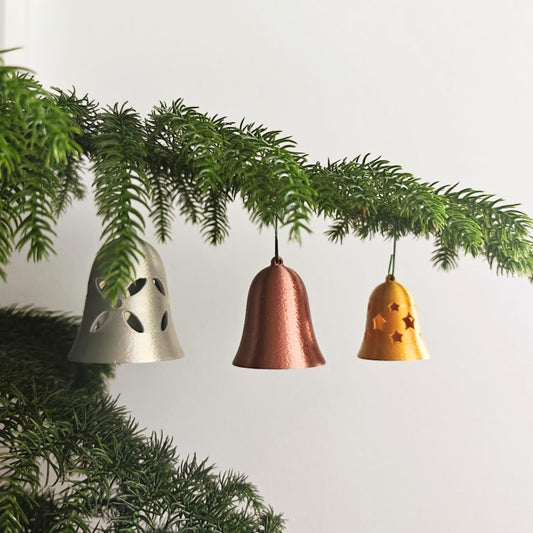 Christmas Tree Bell Ornaments, Set of 3 Holiday Decorations in Gold, Silver, and Copper, Mini Xmas Tree Hanging Bells