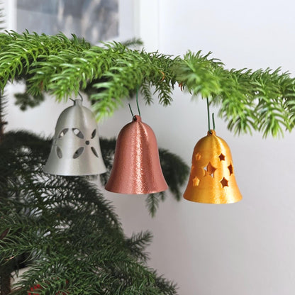 Christmas Tree Bell Ornaments, Set of 3 Holiday Decorations in Gold, Silver, and Copper, Mini Xmas Tree Hanging Bells