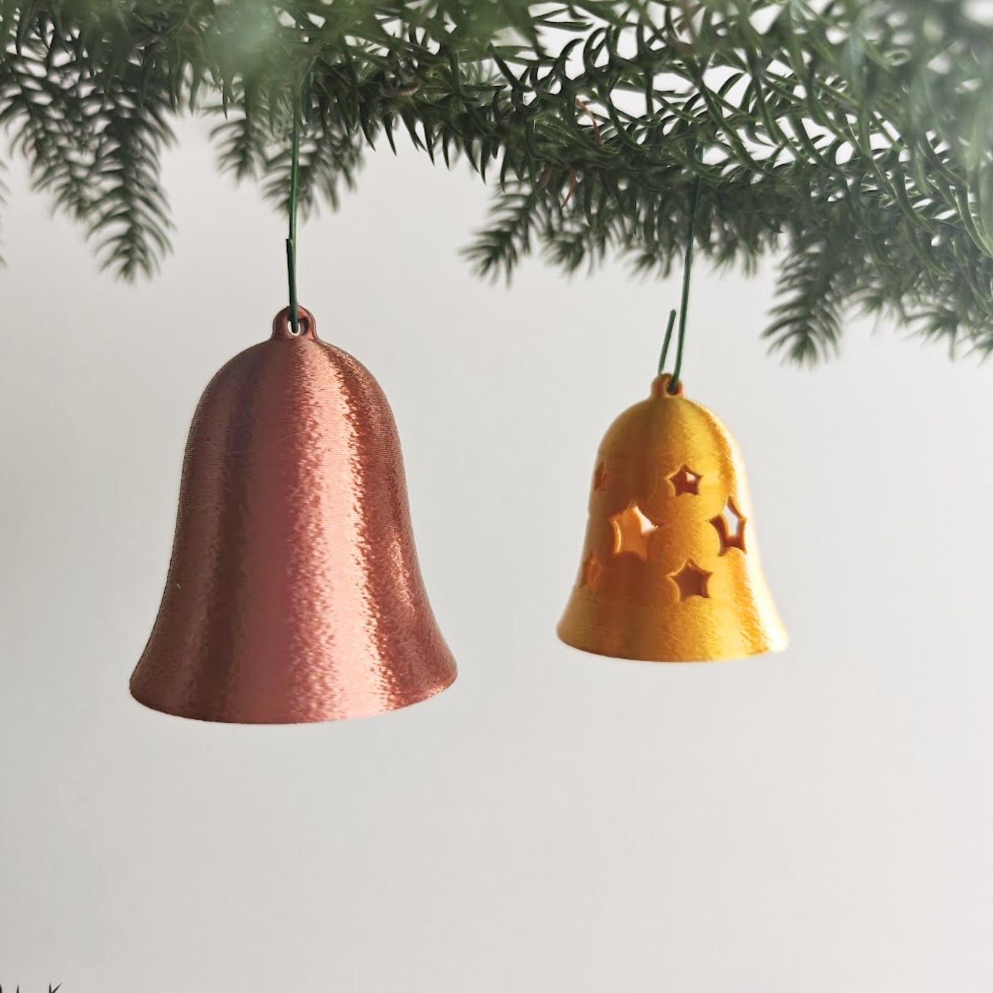 Christmas Tree Bell Ornaments, Set of 3 Holiday Decorations in Gold, Silver, and Copper, Mini Xmas Tree Hanging Bells