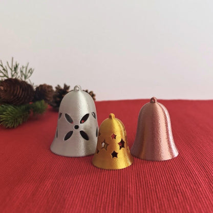 Christmas Tree Bell Ornaments, Set of 3 Holiday Decorations in Gold, Silver, and Copper, Mini Xmas Tree Hanging Bells