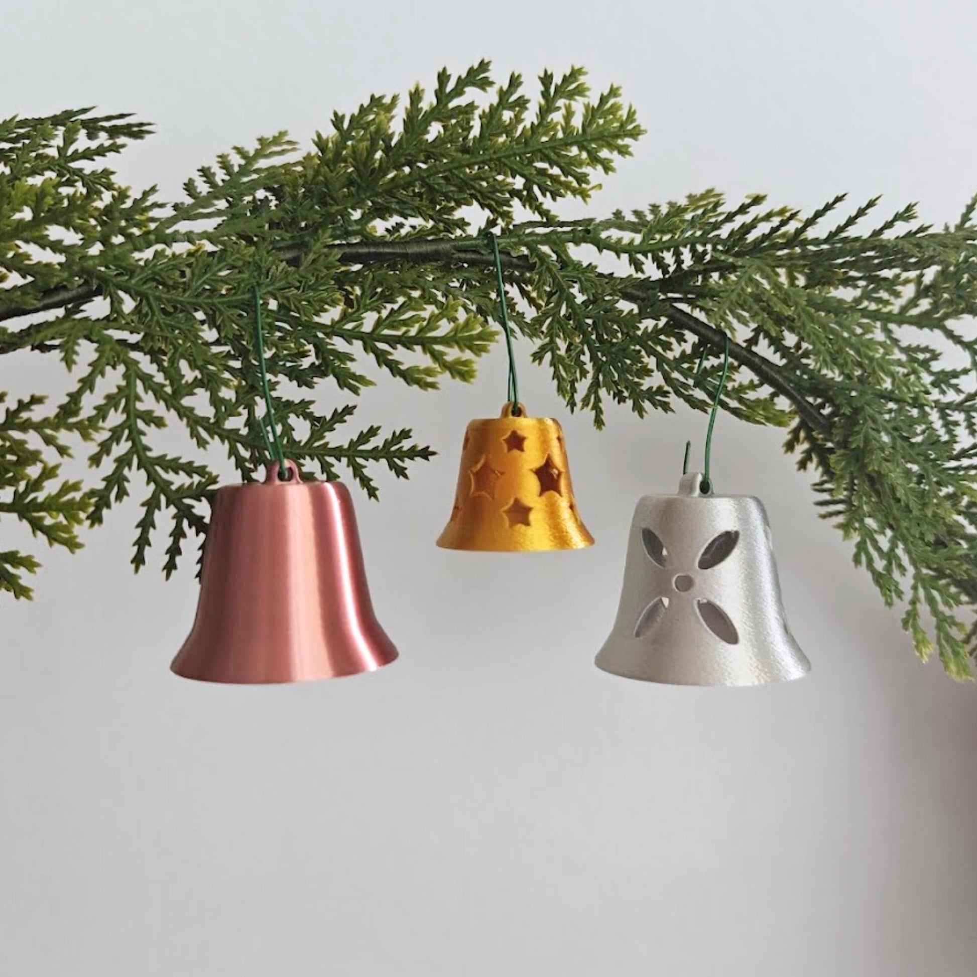 Christmas Tree Bell Ornaments, Set of 3 Holiday Decorations in Gold, Silver, and Copper, Mini Xmas Tree Hanging Bells