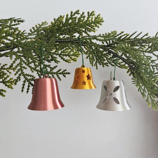 Christmas Tree Bell Ornaments, Set of 3 Holiday Decorations in Gold, Silver, and Copper, Mini Xmas Tree Hanging Bells