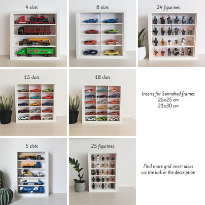 Examples of different grid layouts for displaying Hot Wheels and 1:64 diecast cars