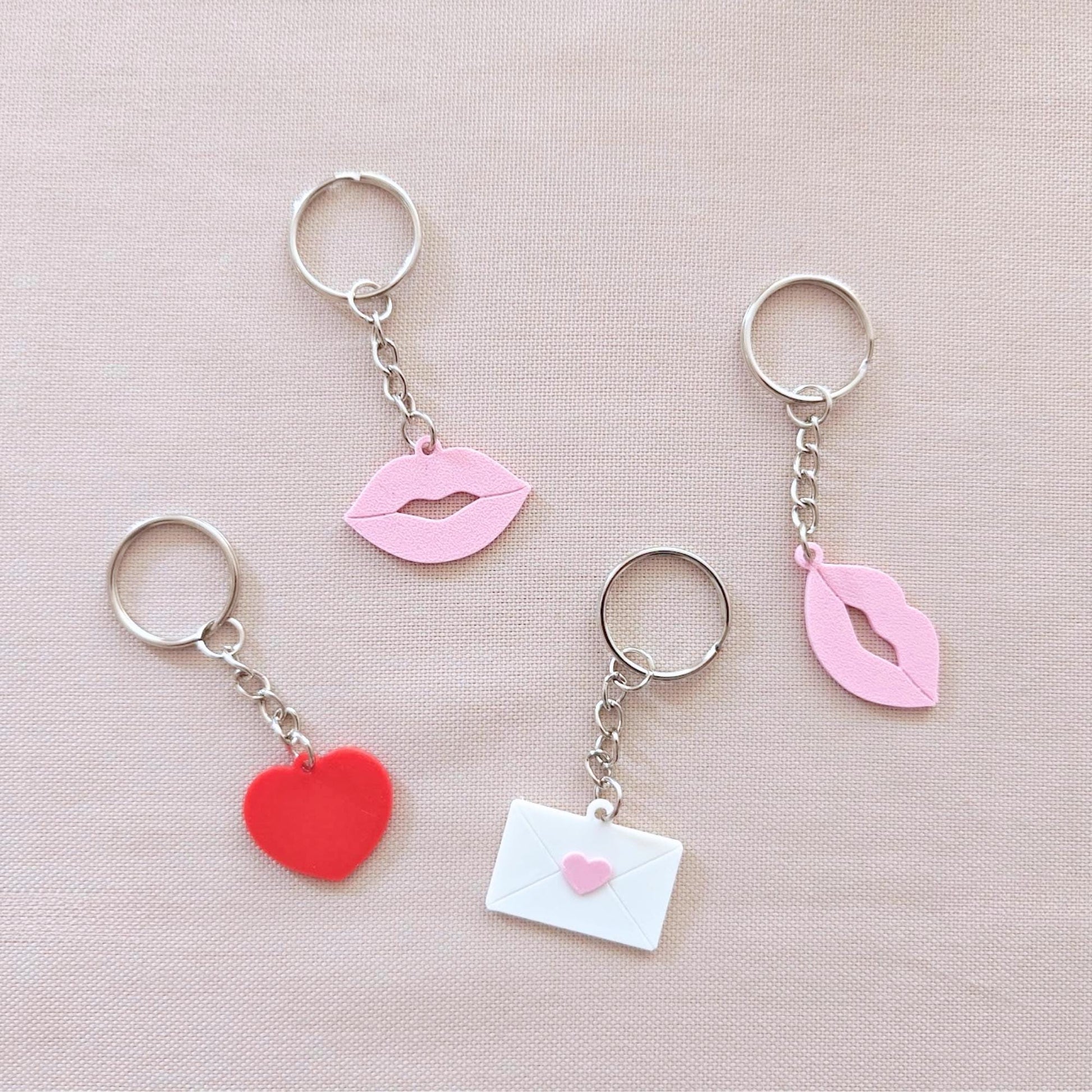Valentine Keychains, Hearts, Lips & Love Letter, Cute Valentine Gift, 3D Printed Keyring, Small Love Token, Key Accessories