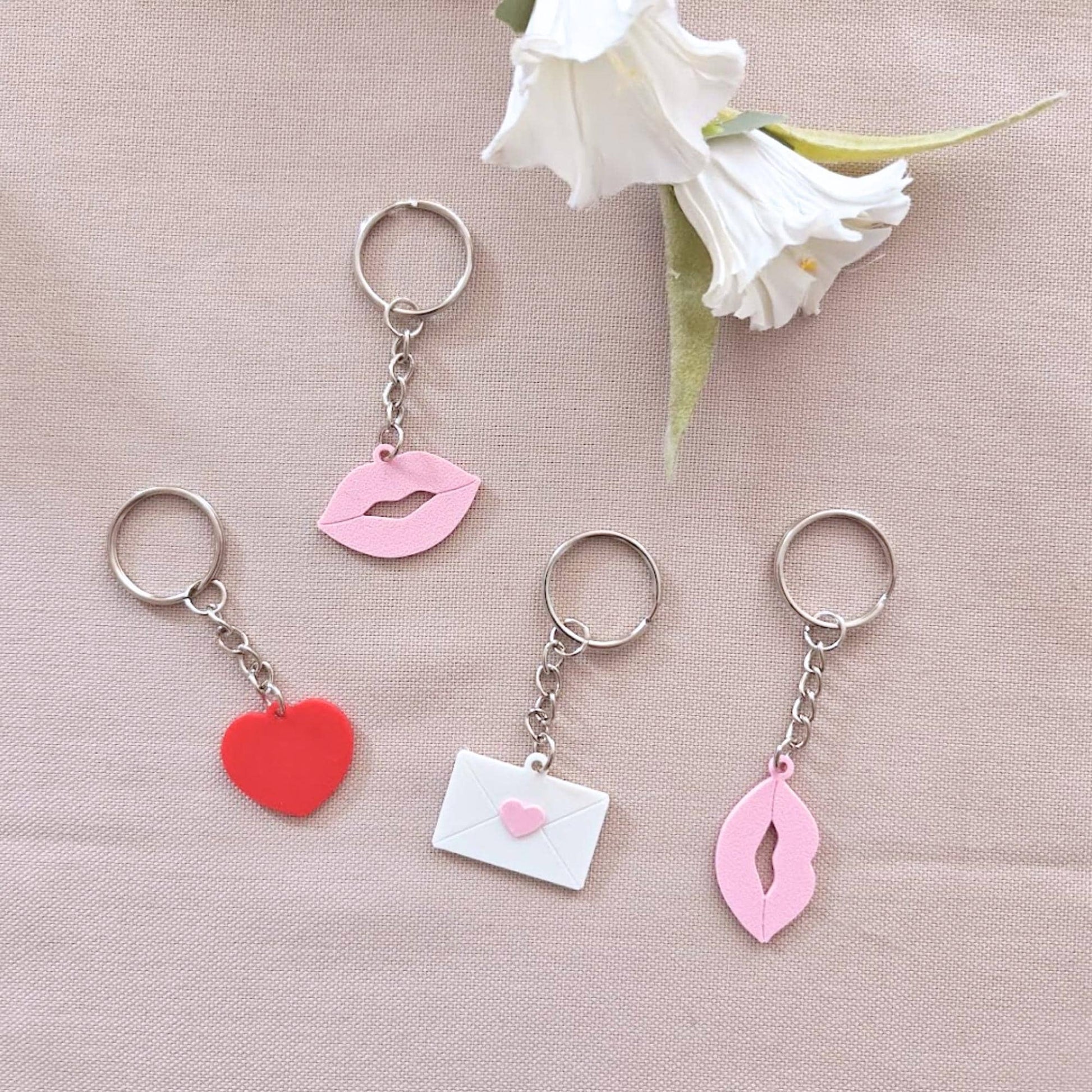 Valentine Keychains, Hearts, Lips & Love Letter, Cute Valentine Gift, 3D Printed Keyring, Small Love Token, Key Accessories