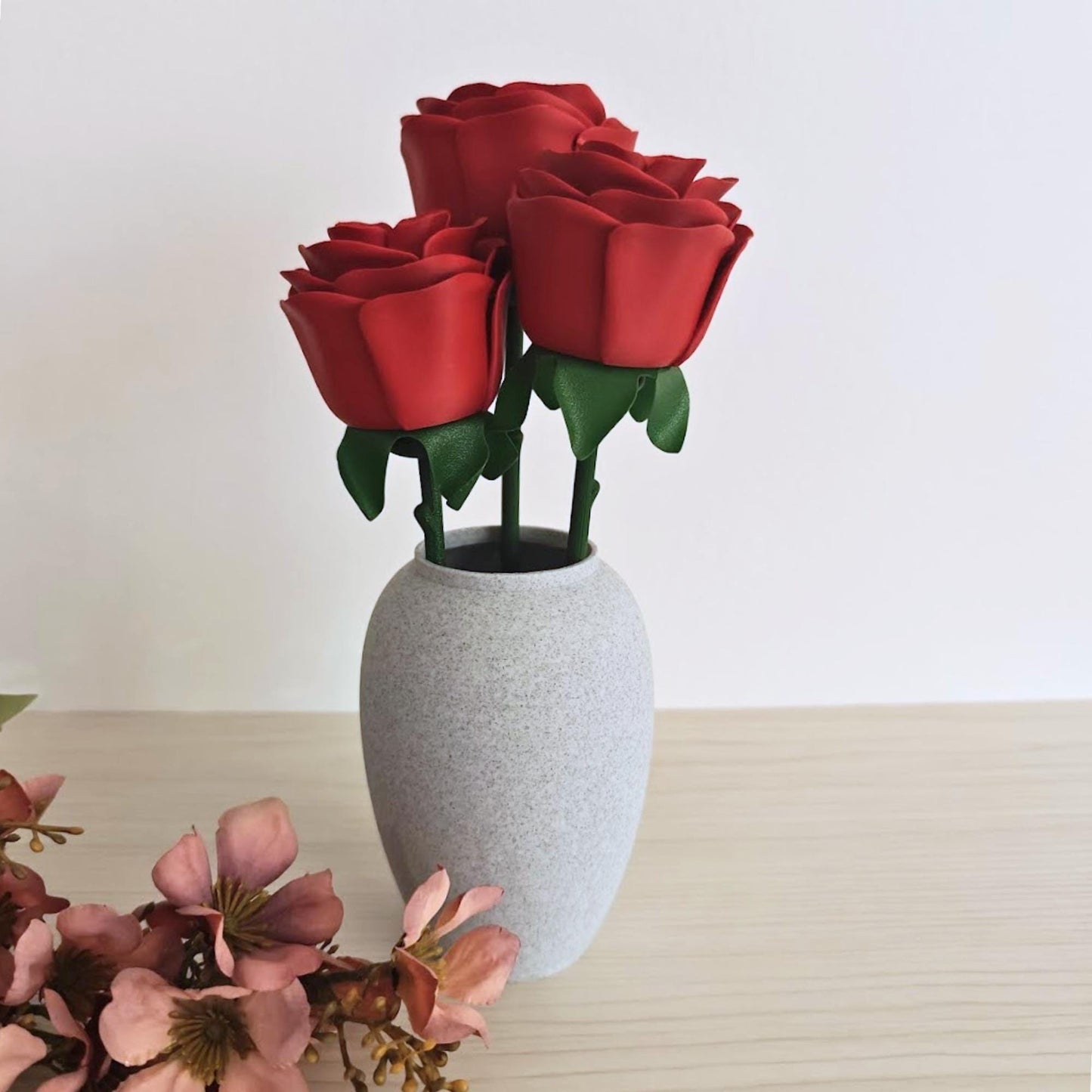 Everlasting Red Roses with Vase, Faux Floral Arrangement, Valentine’s Gift, 3d Printed Home Decor