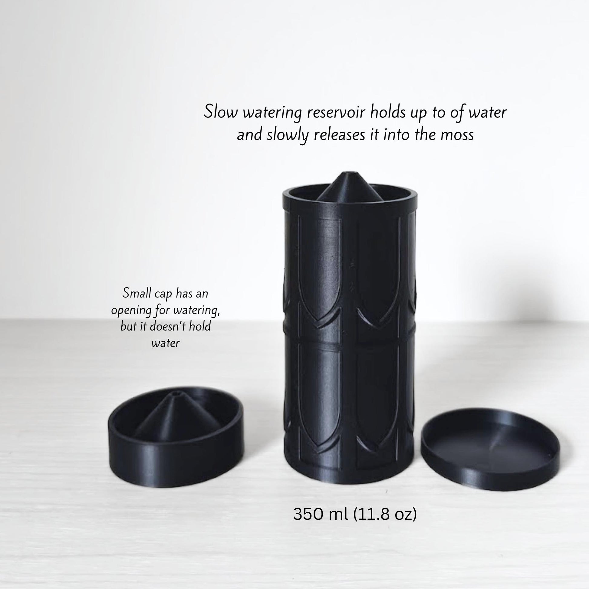 Slow-watering reservoir setup with the top opening, removable cap pieces, and assembled pole top shown in detail.